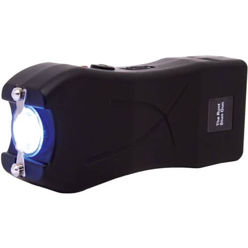 Runt stun gun with flashlight and wrist strap disable pin